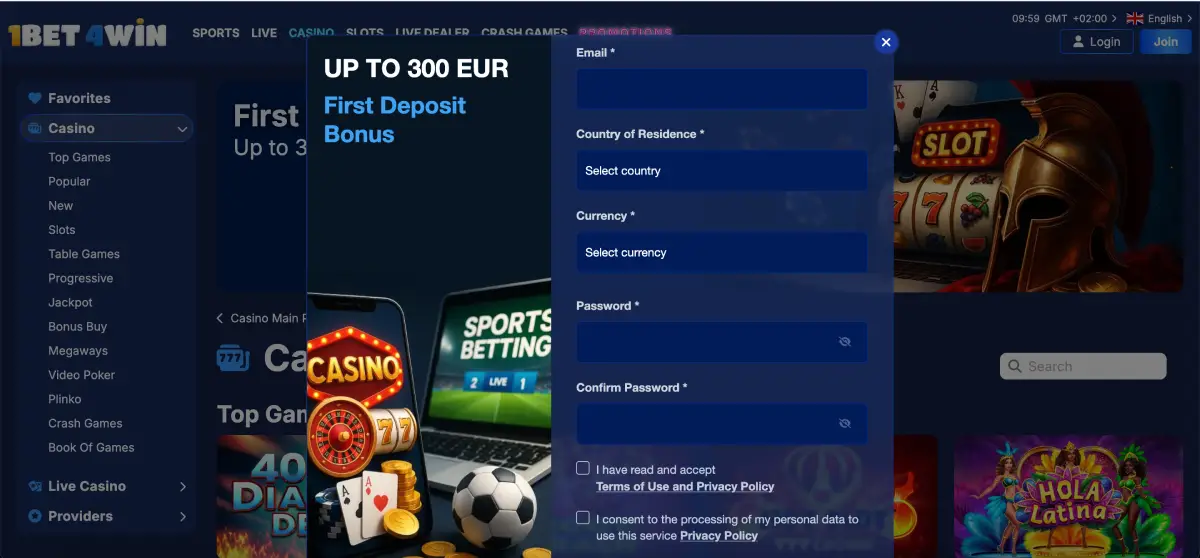 1Bet4Win Casino registration process 1Bet4Win Casino registration process