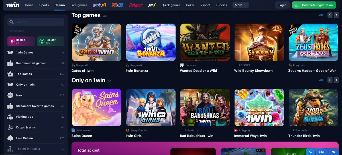 1win slots including Pirate Bonanza and other providers