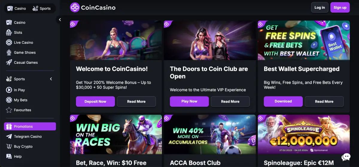 CoinCasino bonuses and promotions including welcome package, free spins and VIP rewards