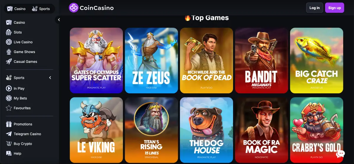CoinCasino slots, crash games like Aviator and Lucky Jet, live roulette and blackjack tables