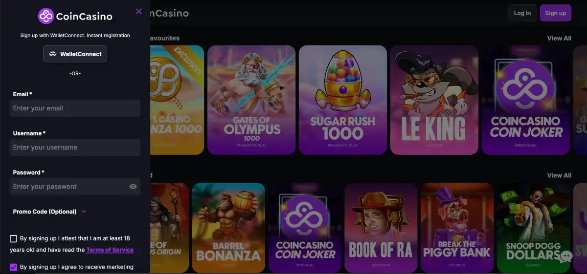 CoinCasino registration process with email, wallet connection and fast crypto deposit