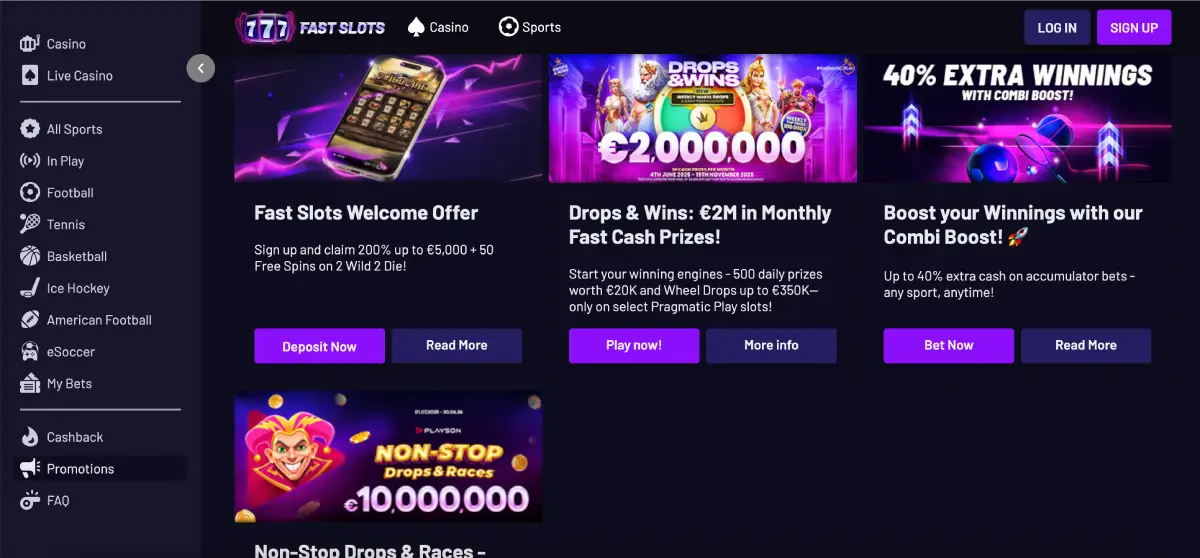 Fast Slots Casino welcome bonus 200 percent up to 5000 euros with free spins
