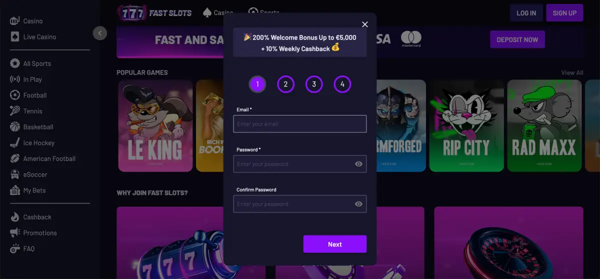 Fast Slots Casino deposit and withdrawal methods including crypto and bank transfer