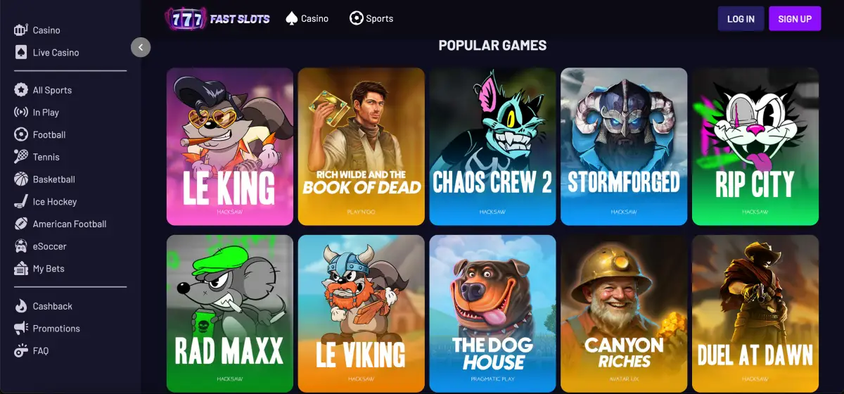 Fast Slots Casino games lobby with 4000+ slots, table games and live dealer options