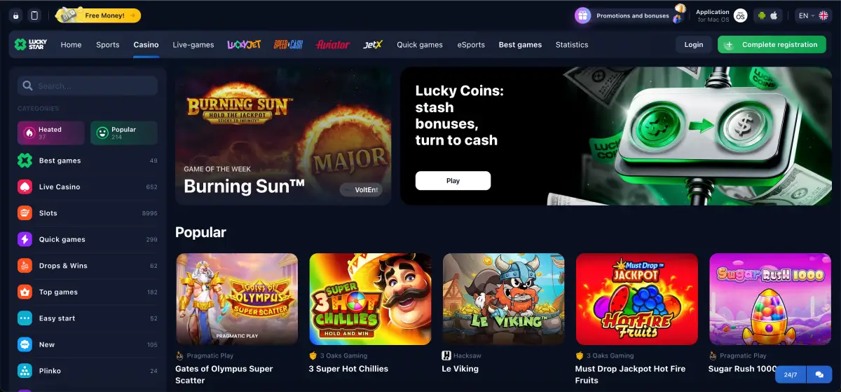 LuckyStar Casino official site with slots, crash games and live dealers