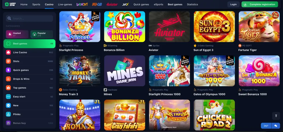 LuckyStar Casino slots and crash games including Aviator, Lucky Jet and JetX