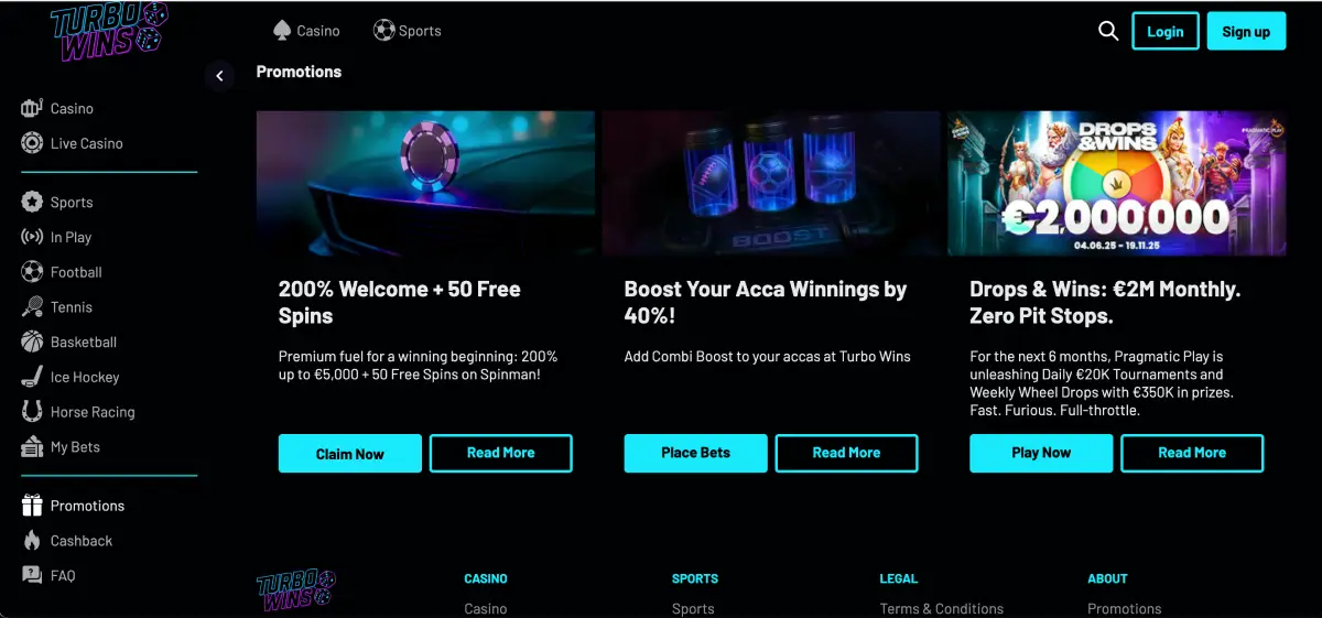 TurboWins Casino bonuses and promotions page