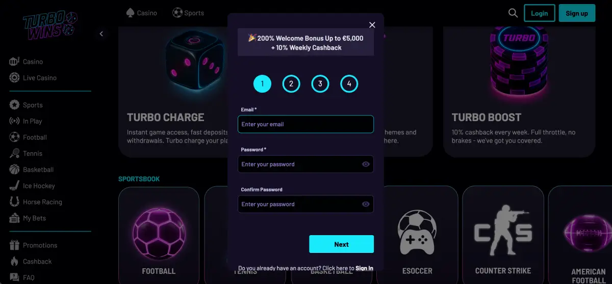 TurboWins Casino registration form for new players
